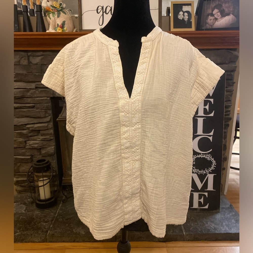 Faherty Cream Organic Cotton Puckered Gauze Blouse